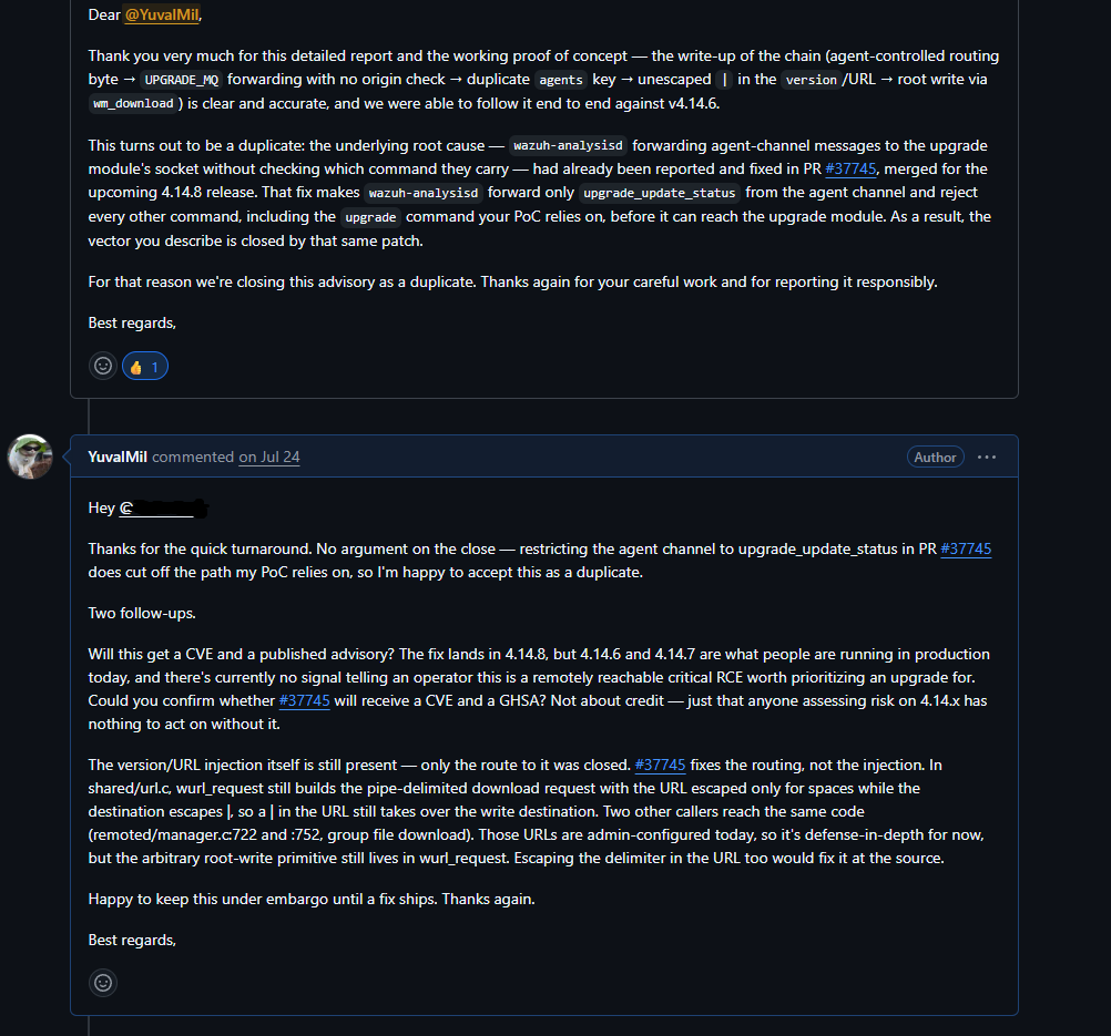 Redacted July 24 exchange with Wazuh confirming the root-write chain and showing my follow-up